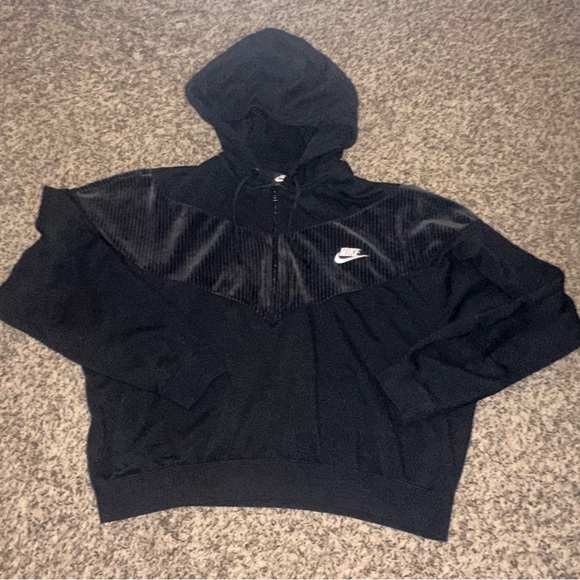 Nike Velour Black Pullover Hoodie with Half-Zip and Swoosh Logo - Picture 1 of 5